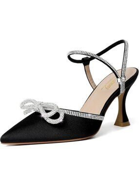 Women's Black Kitten Closed Toe Rhinestone Low Slingback Shoes Kitten Heels